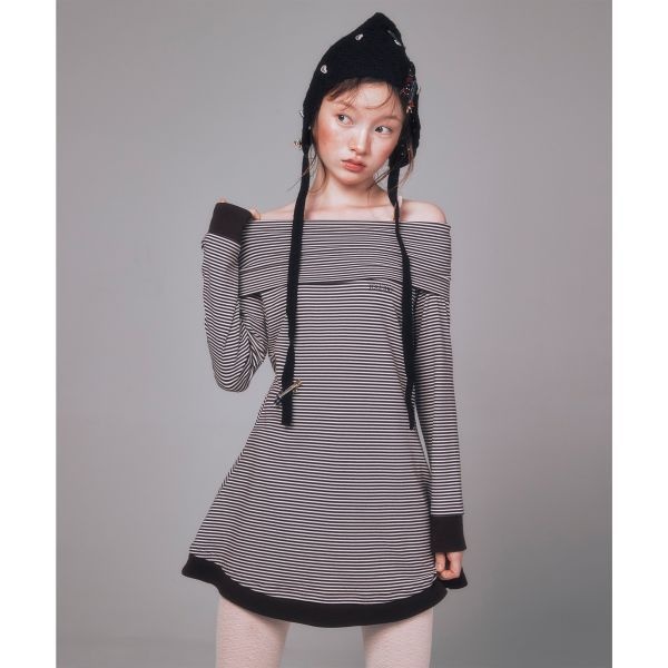 유희 YOUHEE [브랜드위크]STRIPE OFFSHOULDER DRESS BROWN YHOPFC001BR 3060670