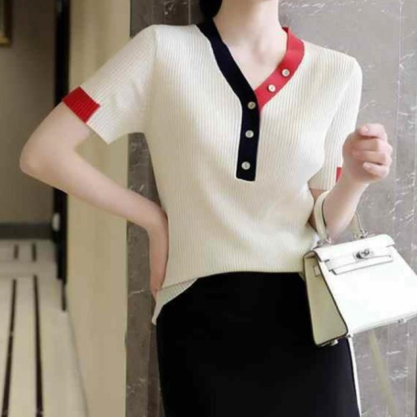 [패션플러스][다잇템]여자 봄 여름 넥 배색 슬림핏 반팔 쿨링 니트