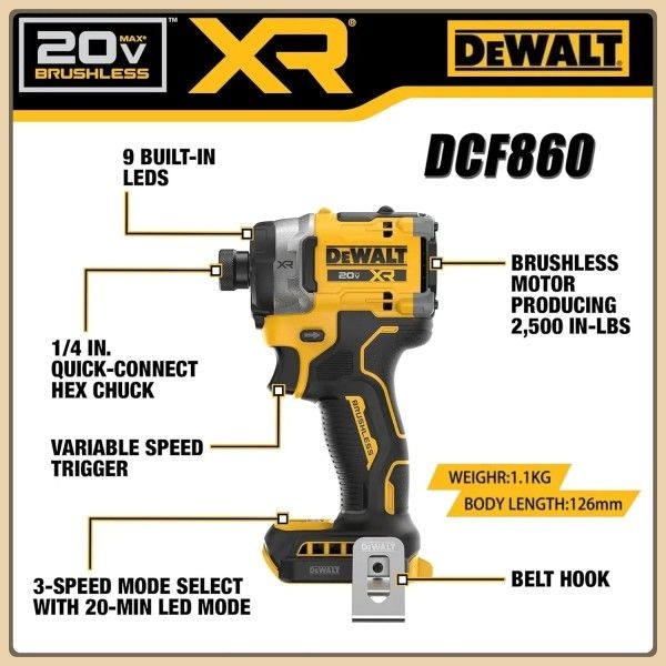 DEWALT DCF860 20V MAX XR 임팩트 드라이버 -