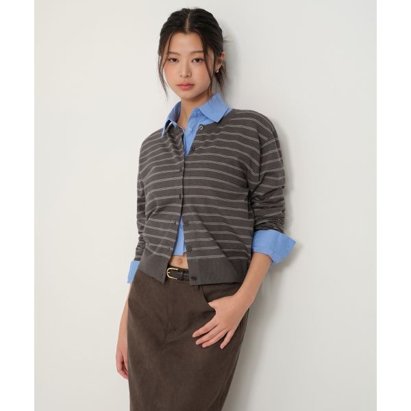 MUSINSA STANDARD WOMAN 무신사 스탠다드 WOMAN 우먼즈 스트라이프 라운드 넥 가디건 다크 그레이 MWEWC8D31-DG 45028