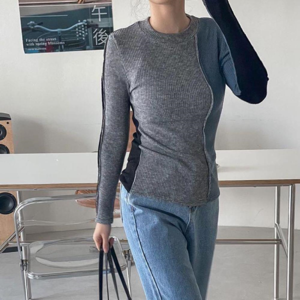 [패션플러스][다잇템]여자 슬림핏 톤인톤 타이트 스웨터 티셔츠_3