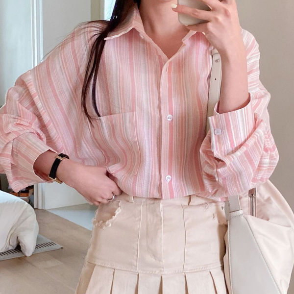 옷자락 [패션플러스][옷자락]여자 주머니 박시핏 단가라 톤인톤 지지미 셔츠