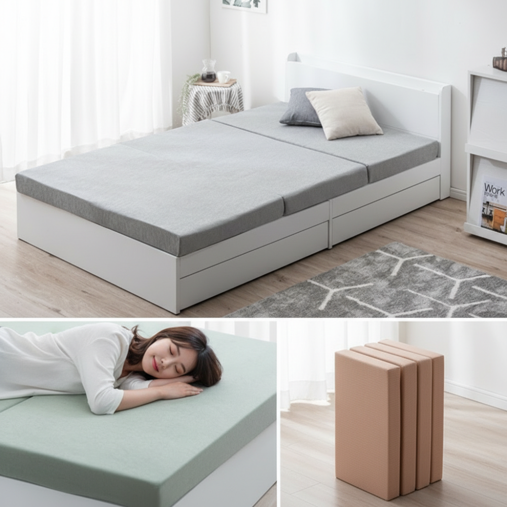 바이코리아 홈앤룸 5단 접이식 매트리스 토퍼 탄탄한 바닥용 원룸 회색 연초록색 살구색 손님용 차박