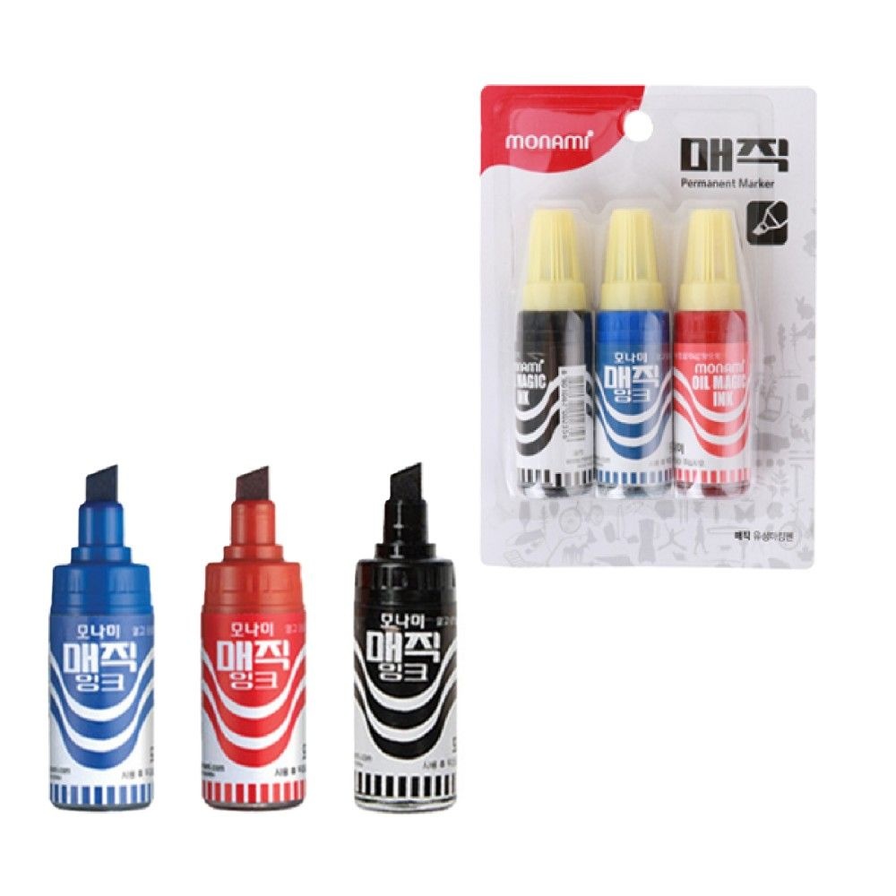 WSSTORE 모나미 병매직 유성매직잉크 - 흑청적 3색세트 4-6MM사각닙 POP글씨쓰기 매직펜