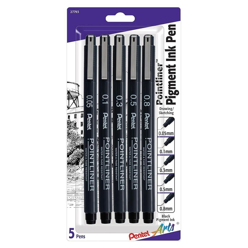 [해외] Pentel Arts Pointliner 드로잉 펜, 5팩, 다양한 사이즈, 블랙 잉크 (S20PBP5A)