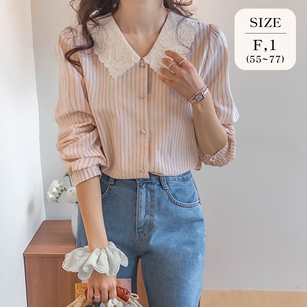 리린 [재오픈][LABEL] 로베나 레이스카라 스트라이프 블라우스