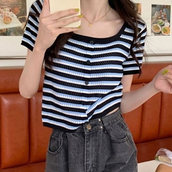 여자 여름 스퀘어넥 스트라이프 티셔츠 가디건 반팔티 (KYR-WEE8AA2)