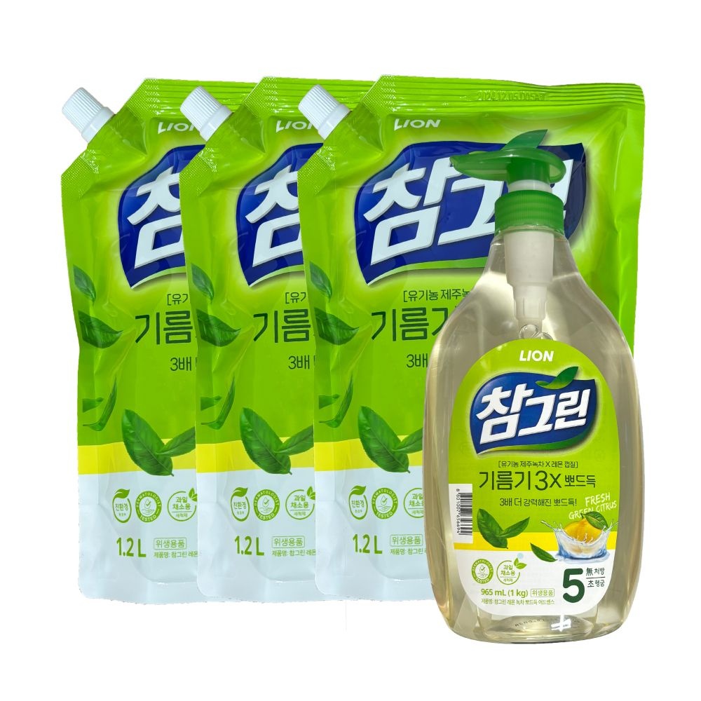 참그린 녹차 기름기 3X 뽀드득 주방세제 용기 965ml+리필 1.2L x 3개