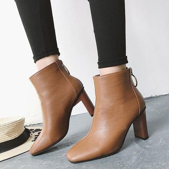 여성 갈색구무드두 가을 앵글부츠 여자구두 미들힐