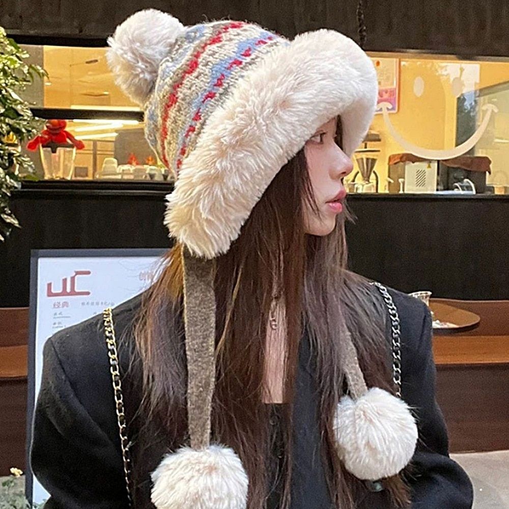 여성 방울 털 자가드 니트 모자 4칼라 퍼 윈터 보넷 방한 겨울 모자 벙거지 버킷햇 보닛햇
