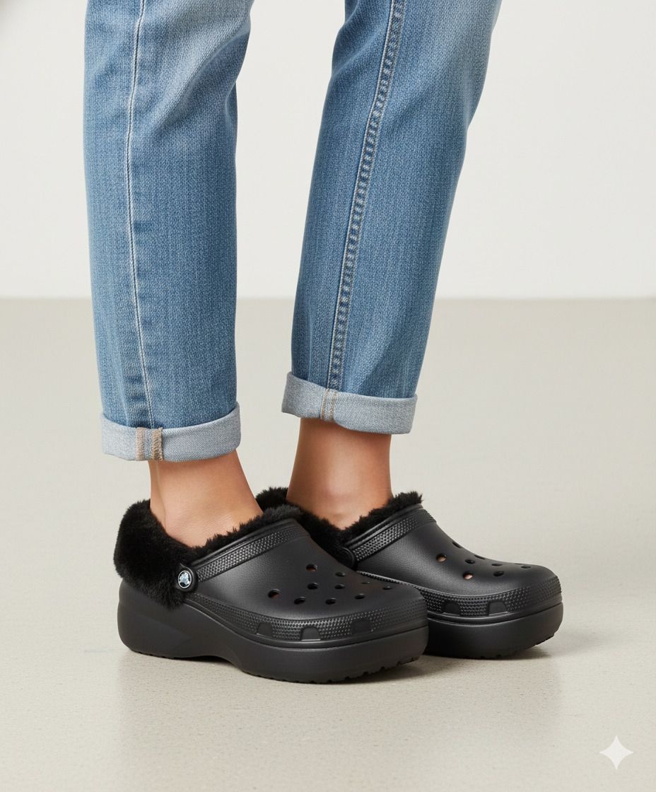 크록스 클래식 플랫폼 퍼즈 라인드 클로그 - 블랙 / 212854-001 L7K3