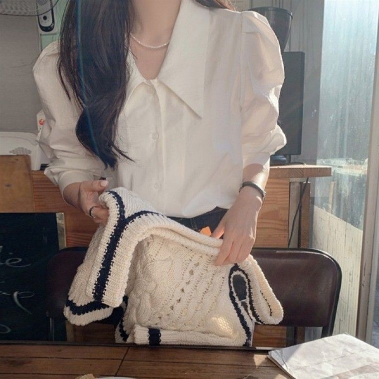 케이엔드 여성 퍼프 숄더 카라 블라우스 벌룬 소매 화이트 셔츠