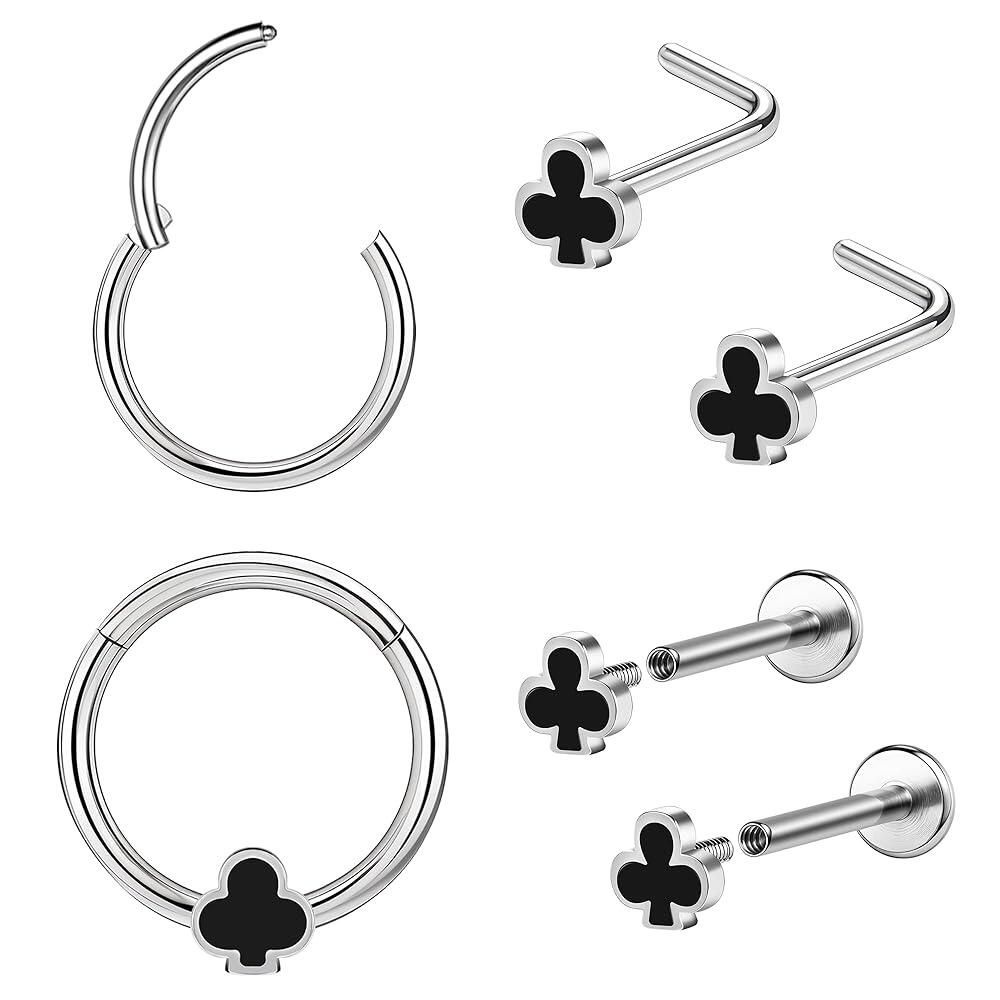 AccGin 포커 노즈 링 후프 앤 노즈 스터드 세트 피어싱 주얼리 여성용 남성용 수술용 스틸 저자극성 16G 콧수염 셉텀
