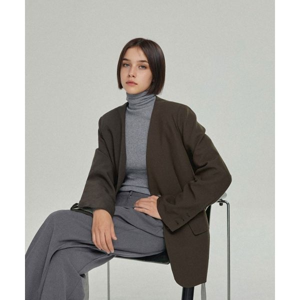 ROOMPACKER 어반 벨티드 노카라 배색 자켓_brown 218997