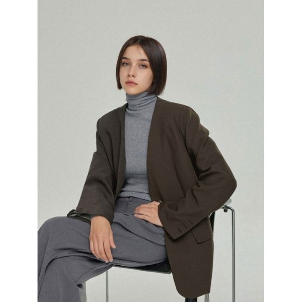 ROOMPACKER ROOMPACKER RR어반 벨티드 노카라 배색 자켓_brown 237504