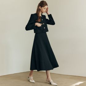 [세트] 브이넥 트위드 자켓 & 스커트 / 솔리드 블랙