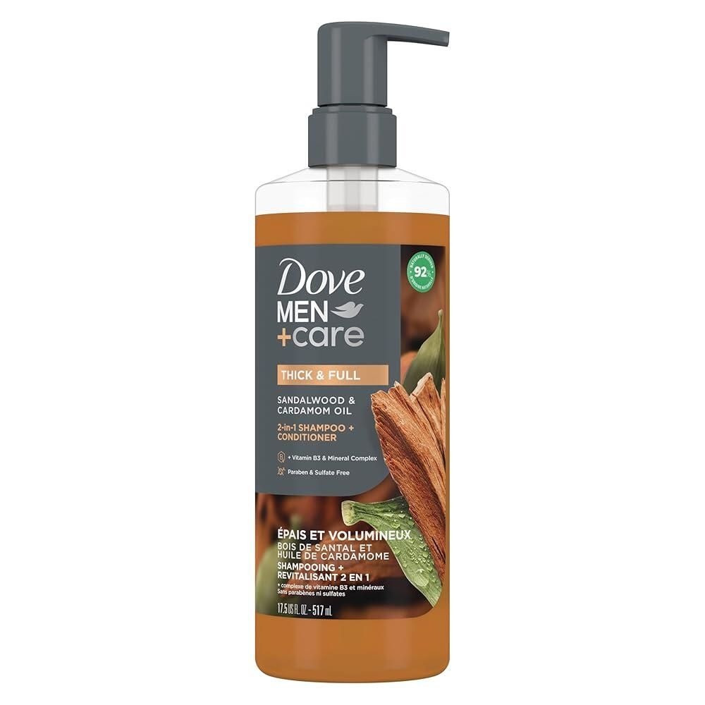 DOVE MEN + CARE [해외] DOVE MEN + CARE 2-in-1 샴푸 + 컨디셔너 샌들우드 & 카다멈 오일, 두껍고 전체 모발용, + 비타민 B3 및 미네랄 복합체, 496.