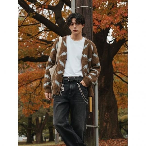 비바스튜디오 무료SALE 울혼방 번개 자카드 가디건 - BROWN 1148382