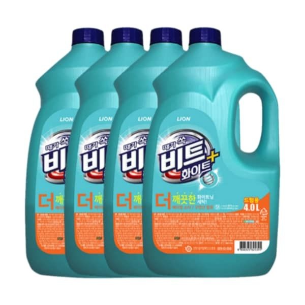 비트 드럼세탁기세제 비트세제 때가쏙비트 화이트플러스 용기4L 4개 고농축 빨래 세탁세제