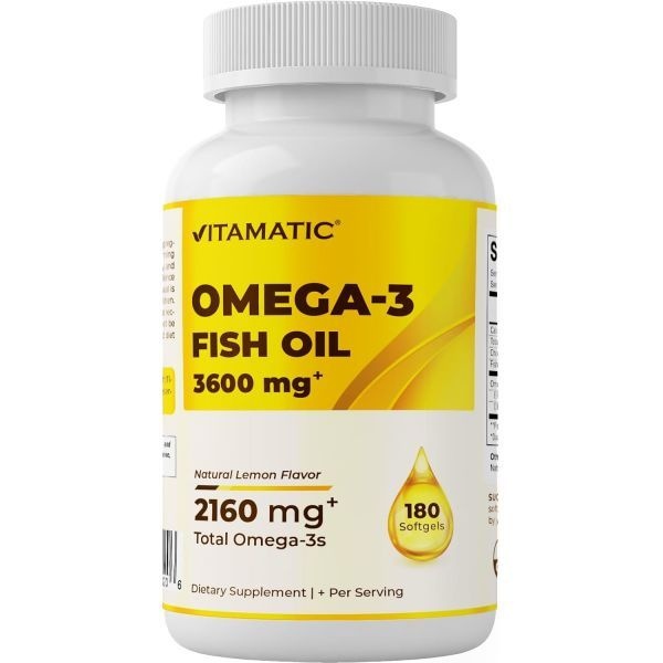 Vitamatic Vitamatic Triple Strength Omega 3 Fish Oil 3600mg Per Serving, 2160mg Omega 3 Fatty Acids, 1296mg EPA + 864mg DHA, Burpless Lemon Flavor, 180 Softgels