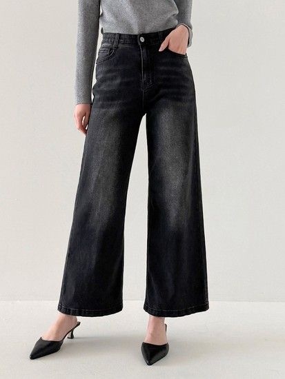 엠앤에스 하이웨스트 흑청 와이드 워싱 데님 팬츠