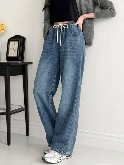 엠앤에스 허리밴딩 와이드핏 스트링 데님 팬츠