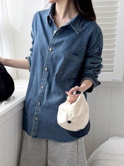 엠앤에스 여성 오버핏 중청 워싱 데님 셔츠