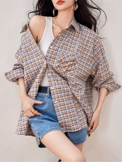 엠앤에스 루즈핏 포켓 자수 체크 오버핏 셔츠