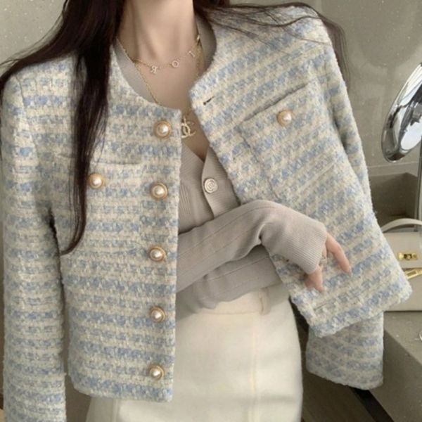 진주단추 노카라 트위드 자켓 여성 간절기 트위드 숏 자켓 봄자켓 여성아우터 봄아우터 꽃샘추위