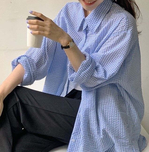 봄 체크남방 블루 핑크 박스체크 롱남방