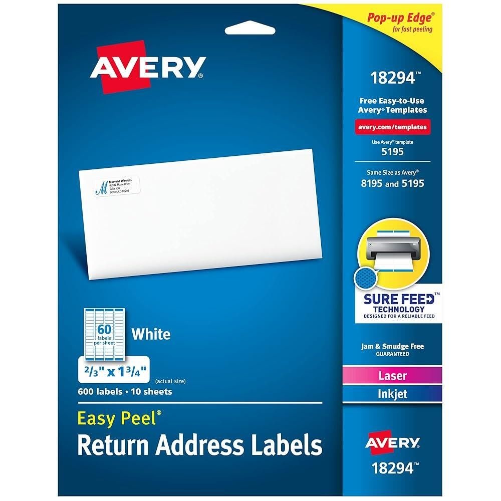 [해외] Avery Sure Feed 기술이 적용된 인쇄 가능한 반송 주소 라벨, 0.6 x 4.4cm(2/3 1-3/4인치), 화이트, 레이저 및 잉크젯 호환,