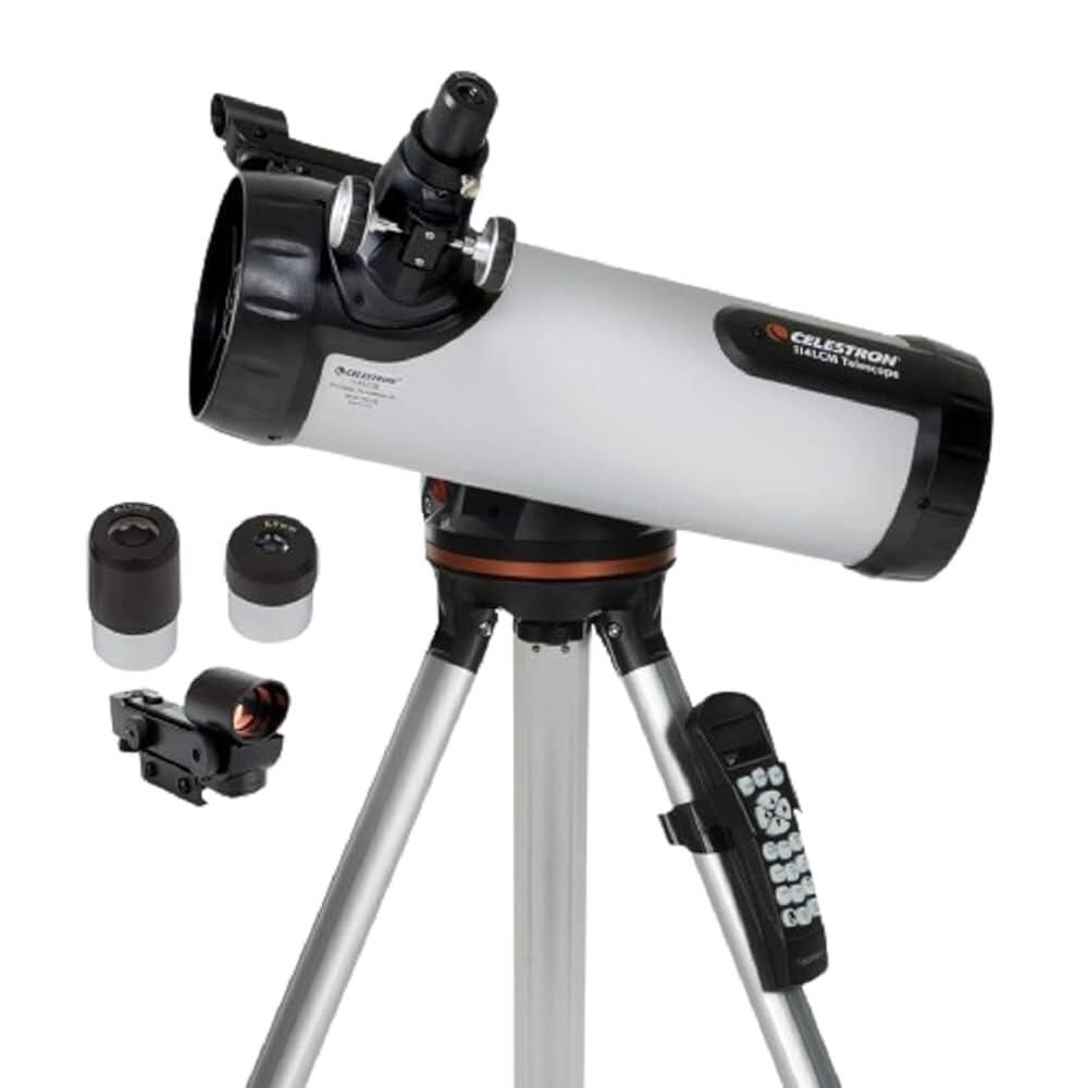 [해외] CelestrON 온 114LCM 뉴턴식 컴퓨터 망원경 114mm 대형 반사경 초보자용 전고 삼각대 전동 알타지무드 마운트 접안렌즈