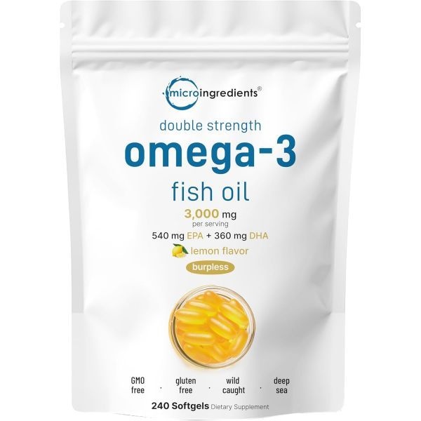 Micro Ingredients Micro Ingredients Omega 3 Fish Oil Supplements 3,000mg Per Serving, 240 Softgels | Lemon Flavored – Burpless | EPA 540mg + DHA 360mg | Deep Sea Fish