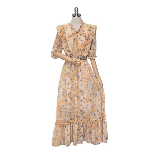 4KUS 포커스 프릴 리본 플라워 롱 원피스 (FM5C3OP3106)