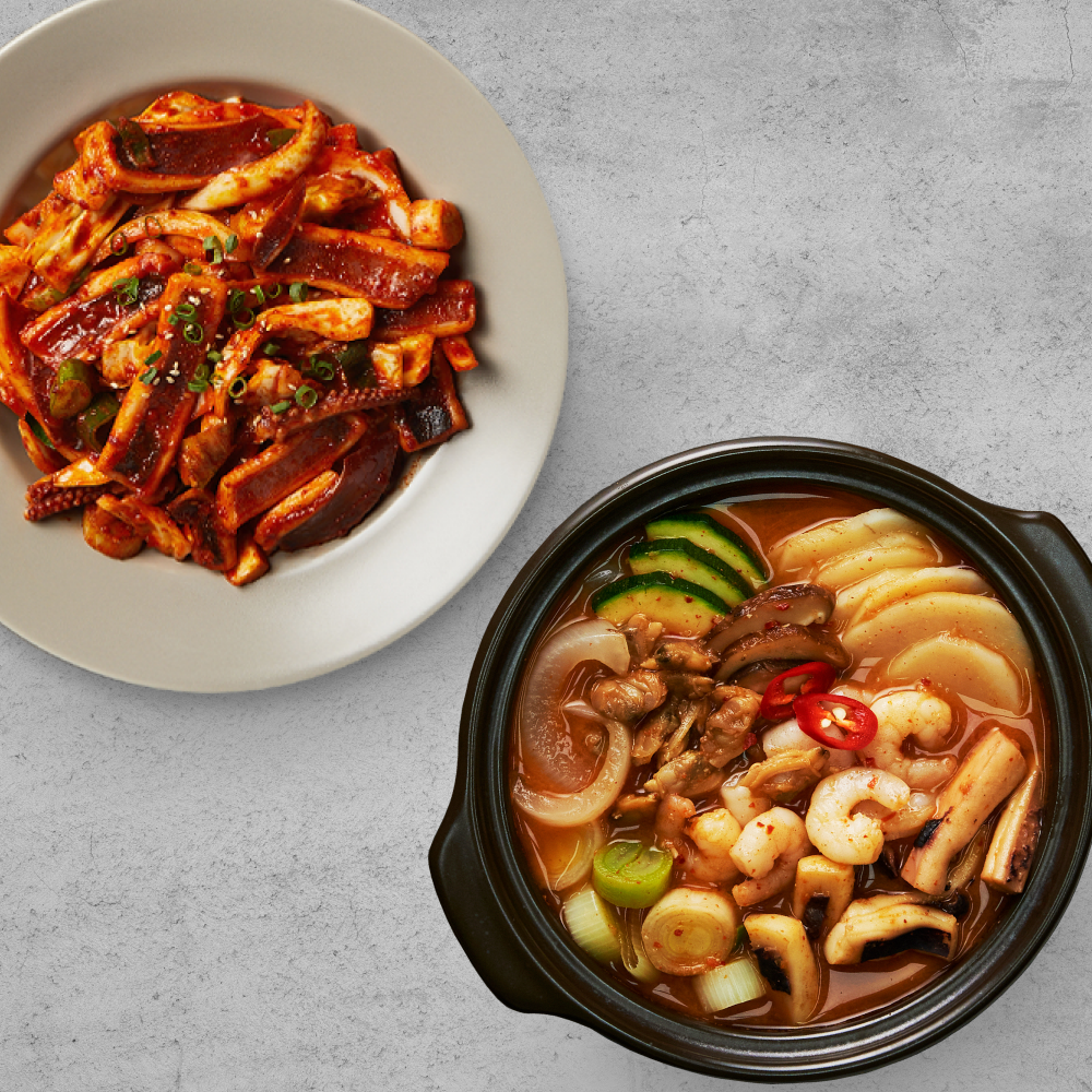 [쿡솜씨][한식세트] 매콤오징어볶음 밀키트 2인분 +해물된장찌개 밀키트 2인분 (총4인분) : 롯데ON