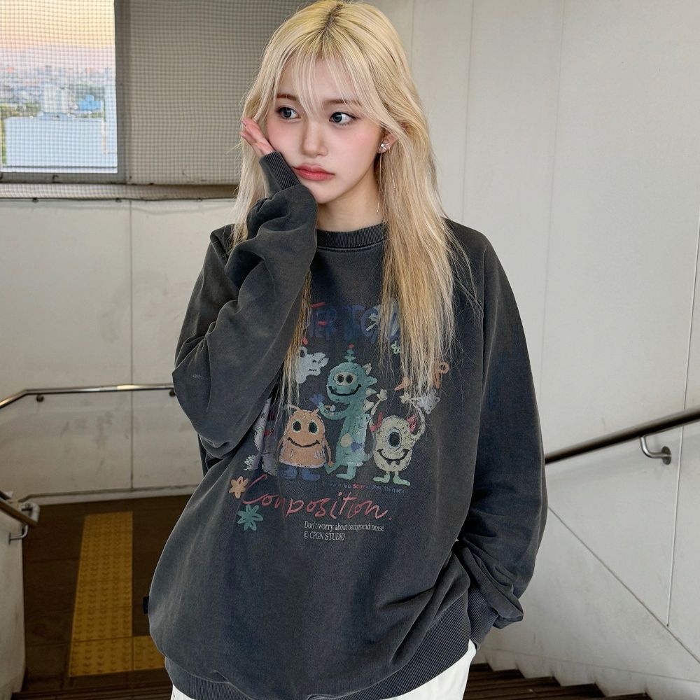 happy day 피그먼트 스웨트셔츠 스모크블랙