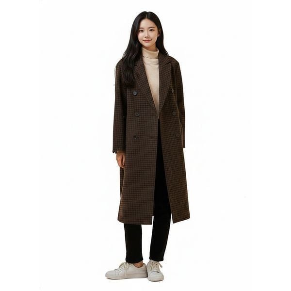 JAJU 다크 브라운 여 체크 베이직 울 코트 J102401028_ 650478