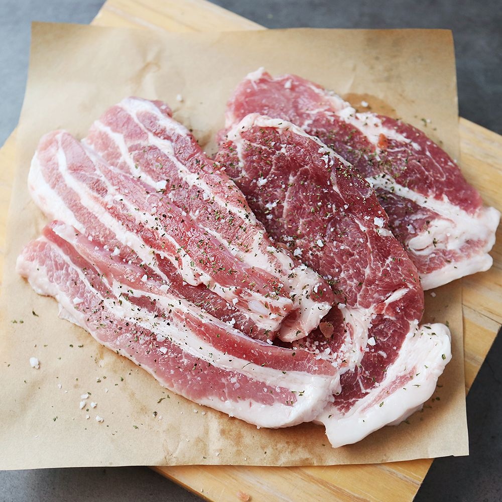 친환경팔도 보성녹차먹인 먹인 한돈 삼겹살세트 1kg(삼겹살500g+목삼겹500g) 캠핑용