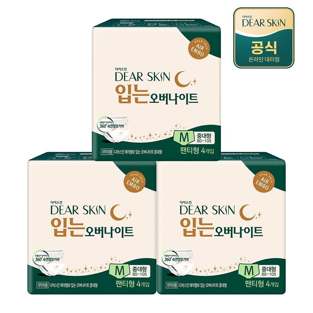 디어스킨 에어엠보 입는 오버나이트 생리대 중대형 4P x 3팩