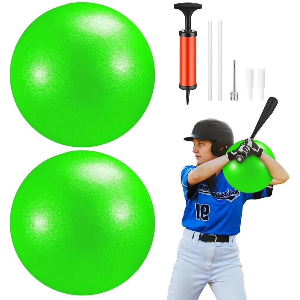 Sonwyoung 펌프가 있는 연결 볼 2개 22.9cm9인치 필라테스 야구 소프트볼 배팅 트레이너, 팔 액션 향상 타격 및 투구 효