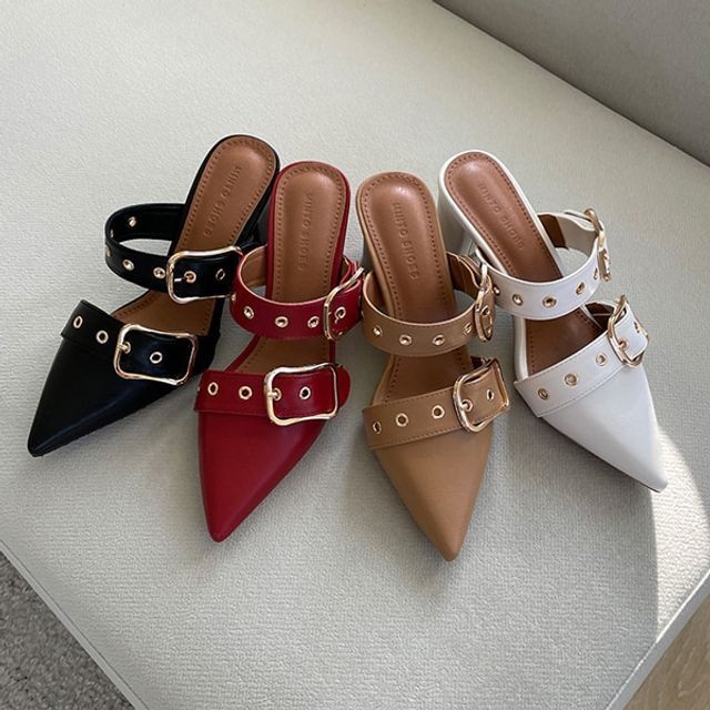 [패션플러스][오너클랜]인기상품 아일렛 스트랩 디테일 포인티드 토 뮬 힐 슈즈 6SS [WFM08N7_260307]