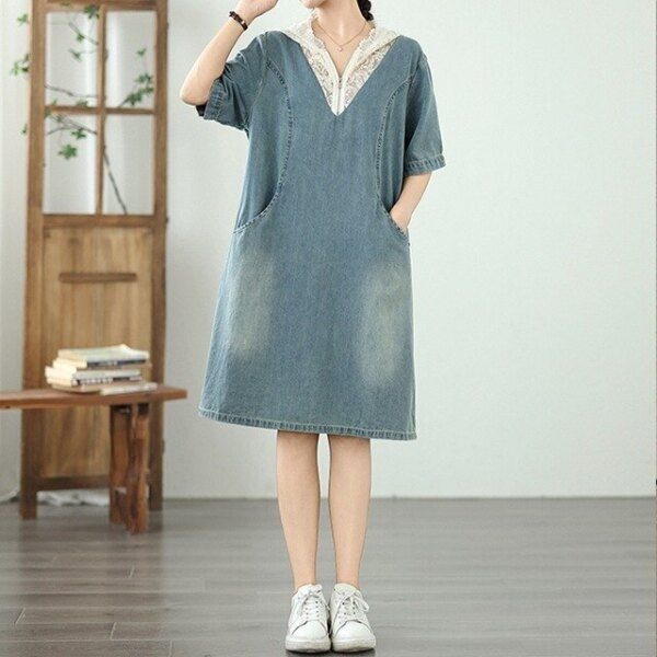 [핑크엘리제] 레이스 후드넥 데님 미디 원피스 드엘리원피스