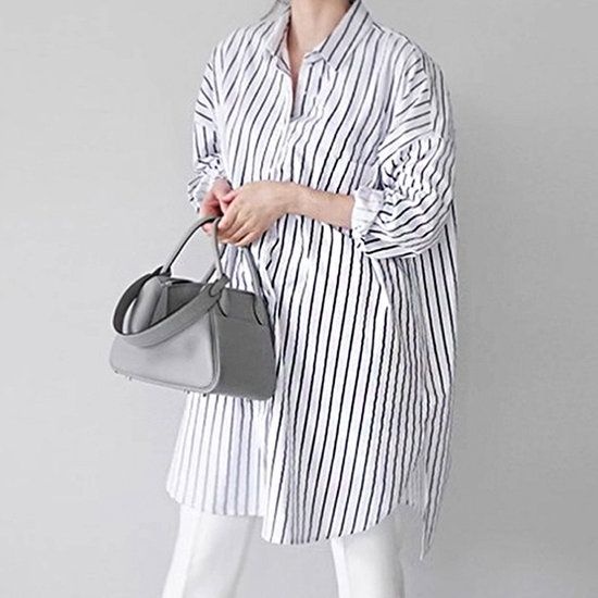 [44-88] 허벅지 소멸 여성 베이직 카라 롱 긴팔 셔츠