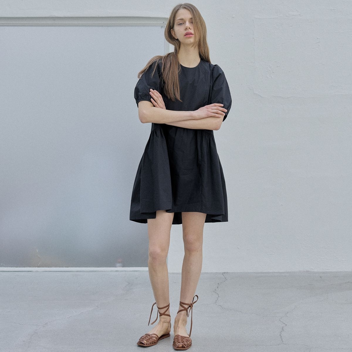 Puff Shirring Mini Dress - BLACK