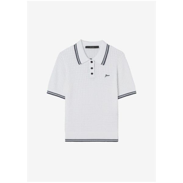 게스 YQ2S1673 여성 우븐 배색 케이블 반팔 카라 스웨터 348294