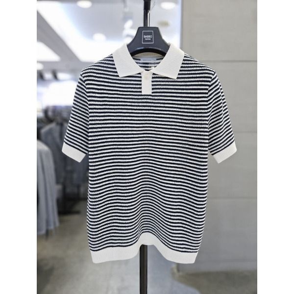 바쏘옴므 바쏘 [바쏘] 남자 네이비 단가라 티셔츠 반팔 카라 니트 WSAFA2WT17A