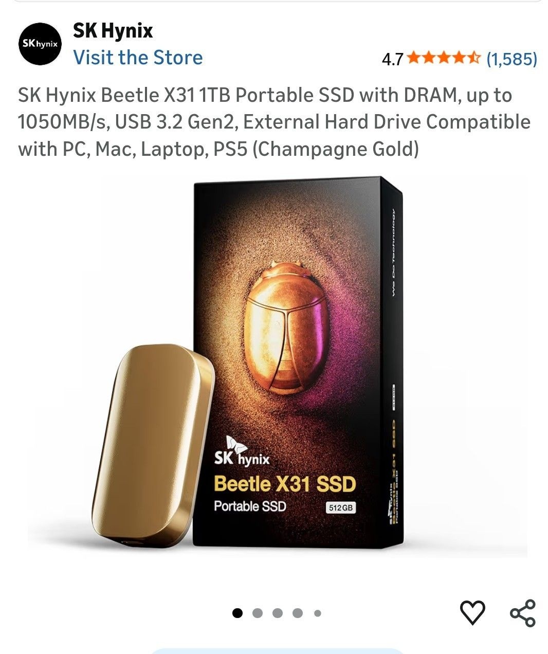 SK hynix Beetle X31 512GB 휴대용 외장형 SSD 솔리드 스테이트 드라이브[세금포함] [정품] USB 3.2 Gen2 샴페인 골드 3394206 389