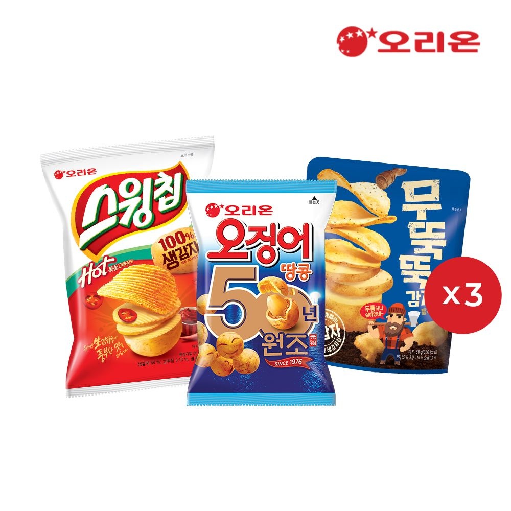 [오리온][오땅50주년] 오징어땅콩 98g 3개 + 스윙칩 60g 3개 + 무뚝뚝감자칩 60g 3개 : 롯데ON