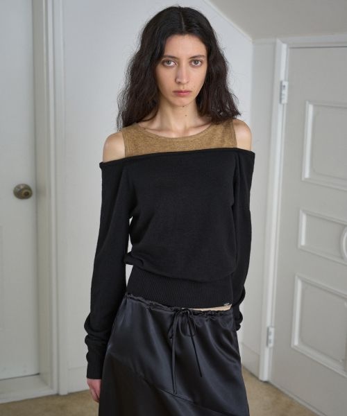 SYMMETRICPERCENT [해외] SYMMETRICPERCENT Color Mix off-shoulder Knit Top / Black
