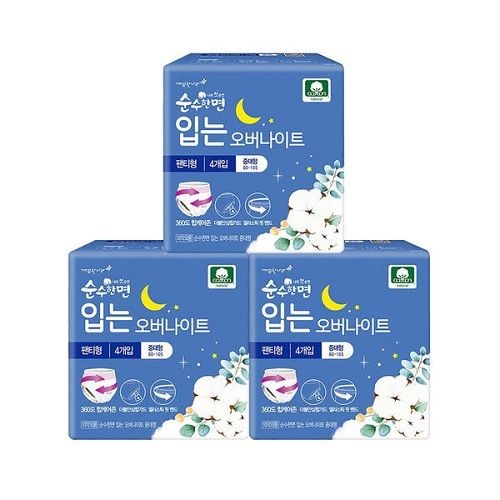 순수한면 입는 오버나이트 중대형 4p 생리대 - 3개